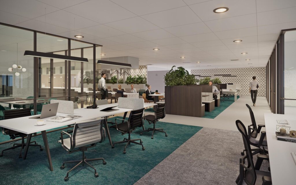 Modern open-plan office on Prof. E.M. Meijerslaan with various workspaces, meeting areas, and indoor plants.